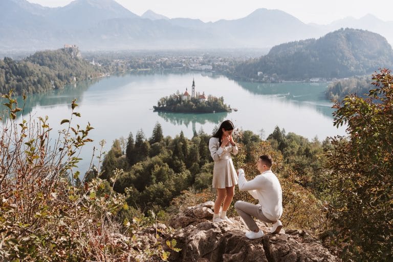 "Engagement photos in Bled, Slovenia, surrounded by nature and beauty in Ojstrica"