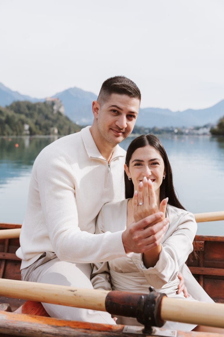 "Engagement photoshoot in Bled, Slovenia with stunning lake views"
