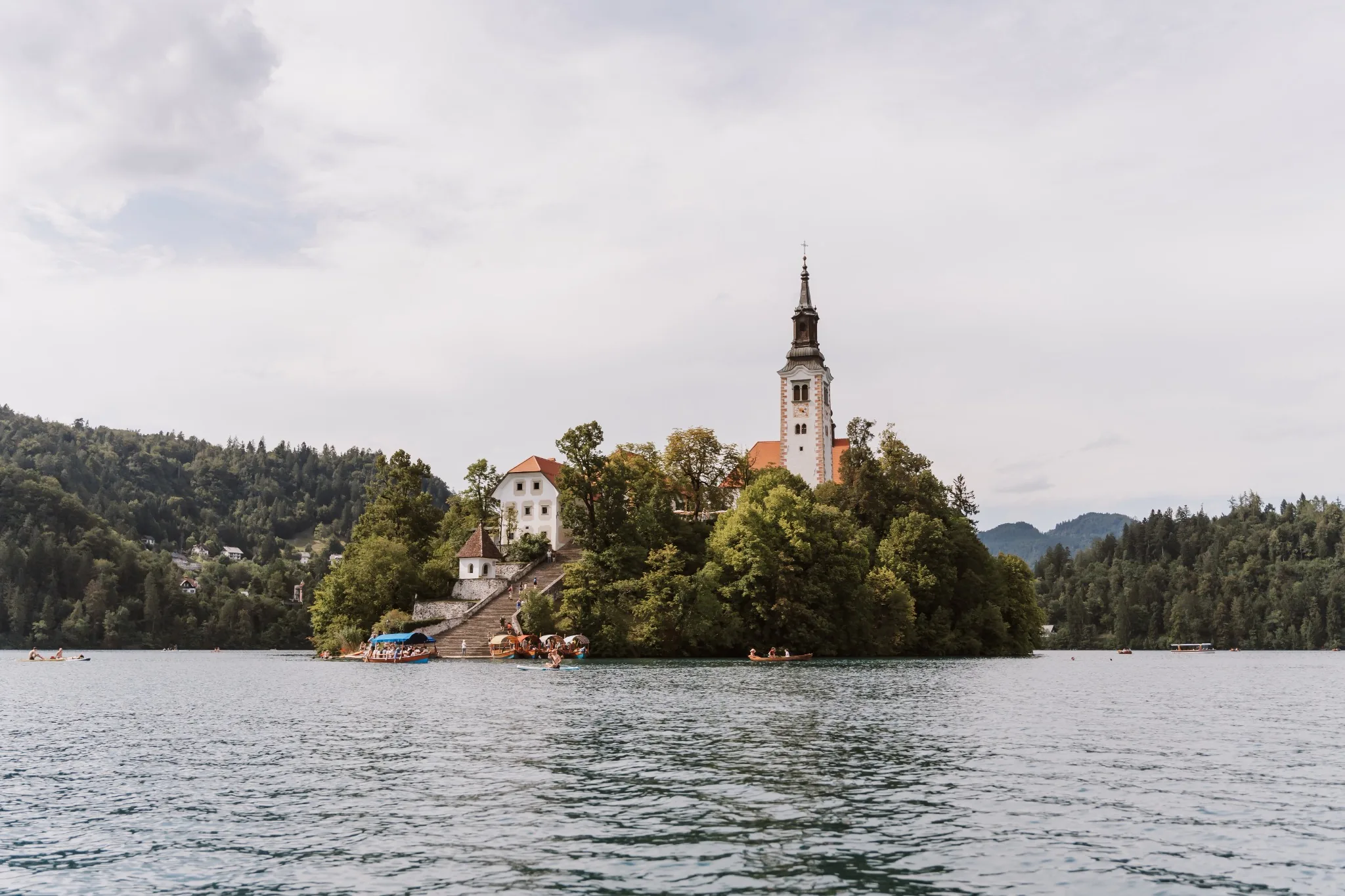 Church on Bled Island viewed from Lake Bled